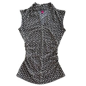 Vince Camuto Women's XS Black Tan Dots Print Sleeveless V-Neck Top Blouse Ruched